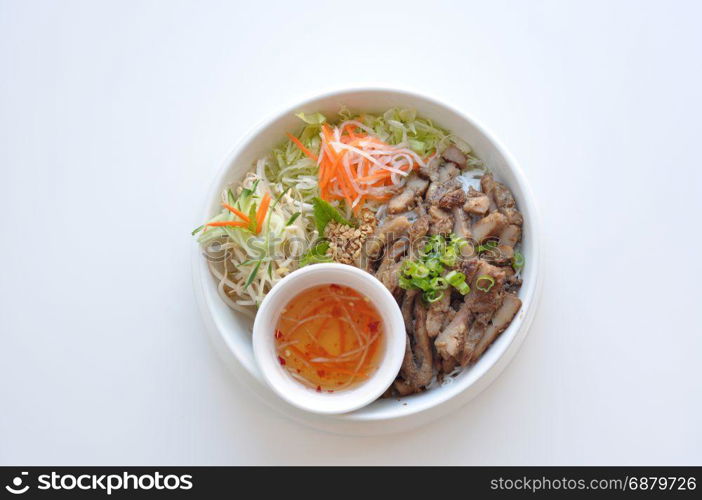 Grilled Pork Bun. Traditional Vietnamese rice vermicelli dish with shredded lettuce, bean sprout, scallion and ground peanut. Served with homemade sauce