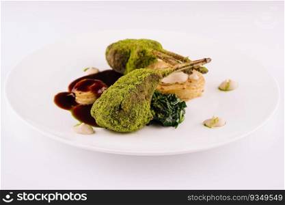 Grilled rack of lamb with mint and pistachio on plate