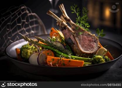 Grilled rack of lamb with vegetables Illustration Generative AI
