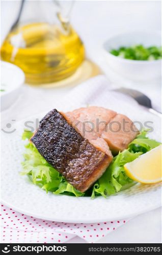 Grilled red fish fillet with green salad, selective focus