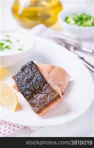 Grilled red fish fillet with lemon and yogurt sauce, selective focus