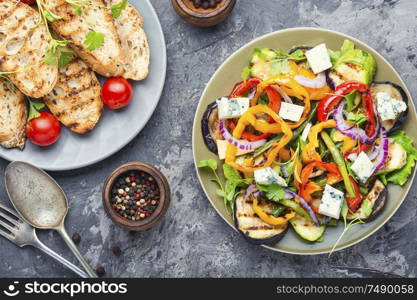 Grilled salad.Vegetable autumn salad with grilled vegetables and cheese.. Grilled vegetables salad