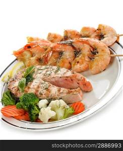 Grilled Salmon And Shrimps With Vegetables