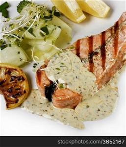 Grilled Salmon Fillet With Cucumber Salad And Lemon Sauce