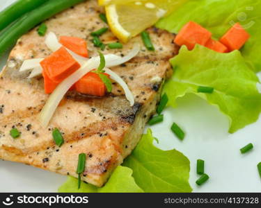 grilled salmon fillet with vegetables and lemon close up