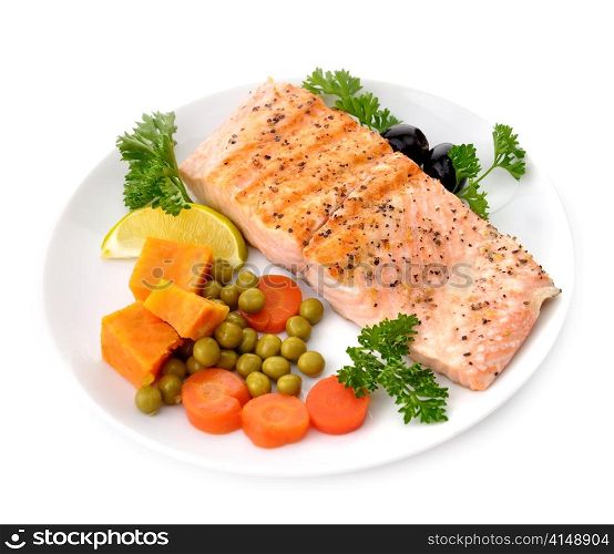 Grilled Salmon Fillet With Vegetables On White Background
