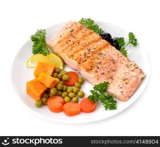 Grilled Salmon Fillet With Vegetables On White Background