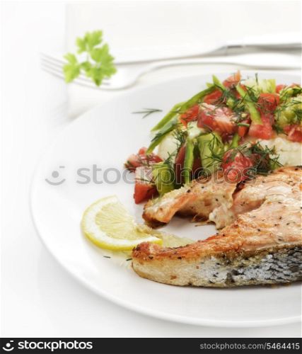 Grilled Salmon With Mashed Potatoes And Vegetables