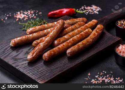 Grilled sausage with the addition of herbs and vegetables on the wooden cutting board. Grilling food, barbecue. Grilled sausage with the addition of herbs and vegetables on the wooden cutting board