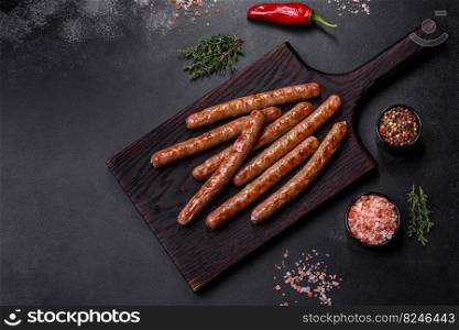 Grilled sausage with the addition of herbs and vegetables on the wooden cutting board. Grilling food, barbecue. Grilled sausage with the addition of herbs and vegetables on the wooden cutting board