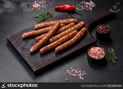 Grilled sausage with the addition of herbs and vegetables on the wooden cutting board. Grilling food, barbecue. Grilled sausage with the addition of herbs and vegetables on the wooden cutting board