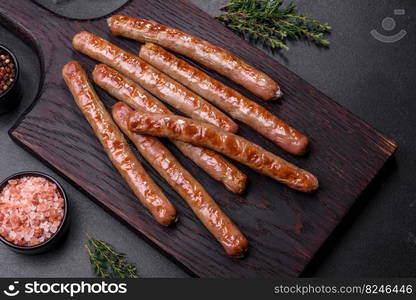 Grilled sausage with the addition of herbs and vegetables on the wooden cutting board. Grilling food, barbecue. Grilled sausage with the addition of herbs and vegetables on the wooden cutting board