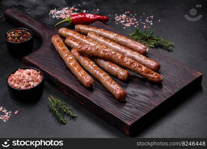 Grilled sausage with the addition of herbs and vegetables on the wooden cutting board. Grilling food, barbecue. Grilled sausage with the addition of herbs and vegetables on the wooden cutting board