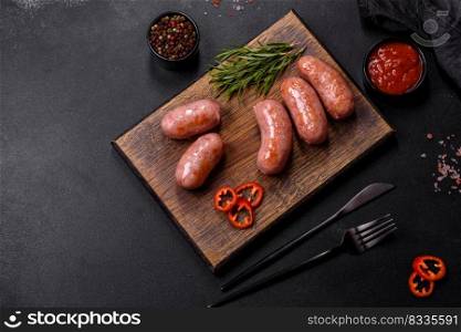 Grilled sausages with spices and herbs on a black background with copy space. Grilled sausages with spices and herbs on a black background