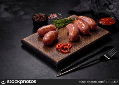 Grilled sausages with spices and herbs on a black background with copy space. Grilled sausages with spices and herbs on a black background