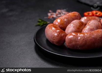 Grilled sausages with spices and herbs on a black background with copy space. Grilled sausages with spices and herbs on a black background