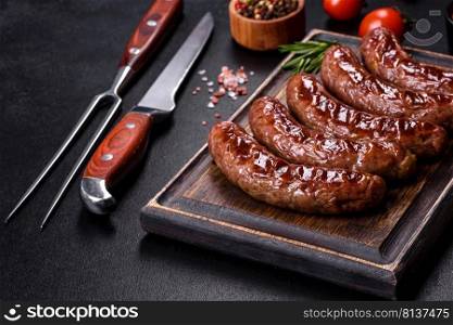 Grilled sausages with spices and herbs. Top view flat lay. With copy space. Grilled sausages with ingredients on a cutting board on a stone background