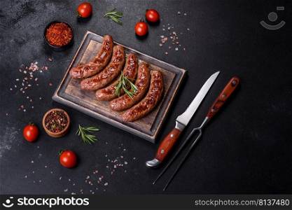 Grilled sausages with spices and herbs. Top view flat lay. With copy space. Grilled sausages with ingredients on a cutting board on a stone background