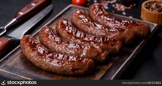 Grilled sausages with spices and herbs. Top view flat lay. With copy space. Grilled sausages with ingredients on a cutting board on a stone background