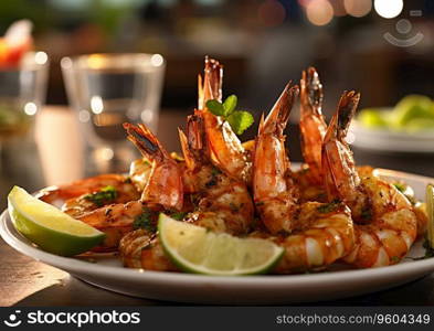 Grilled seafood prawn shrimps with lemon in plate on fine dining restaurant table.AI Generative