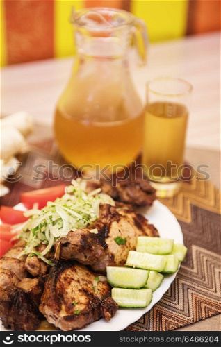 Grilled shish kebab. Grilled shish kebab or shashlik meat with vegetables
