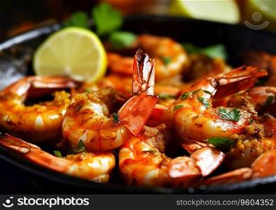 Grilled shrimps prawns and lemon with herbs in plate on table.AI Generative