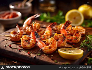 Grilled shrimps prawns on sticks with lemon and sauce on table.AI Generative