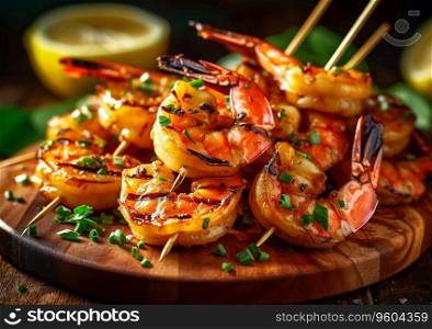 Grilled shrimps prawns on sticks with lemon and sauce on table.AI Generative
