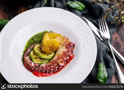 Grilled Sicilian octopus with sliced zucchini, potatoes, and pesto sauce