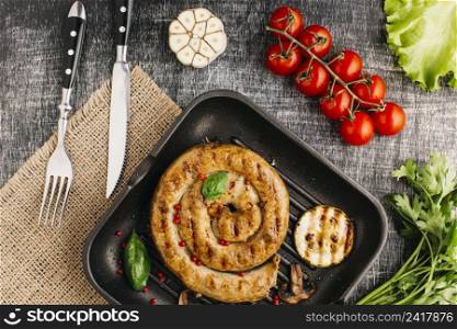 grilled snail sausage fry pan with fresh vegetable