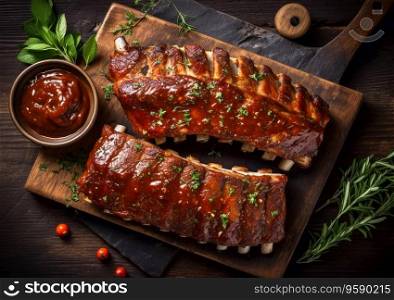 Grilled spare ribs pieces and barbeque marinade and sauce on table.AI Generative