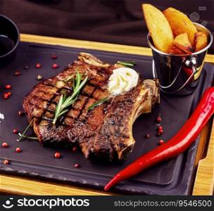 Grilled steak with baked potatoes and vegetables served on wooden board