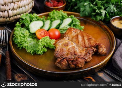 Grilled steaks and vegetables on plate