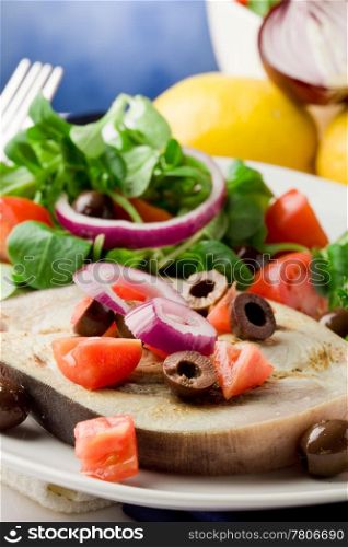 grilled swordfish with mixed salad on white towel in front of blue background