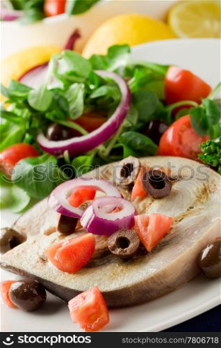 grilled swordfish with mixed salad on white towel in front of blue background