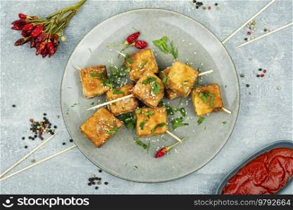 Grilled tofu cheese skewers with sauce on the plate. Skewers with delicious pieces tofu cheese
