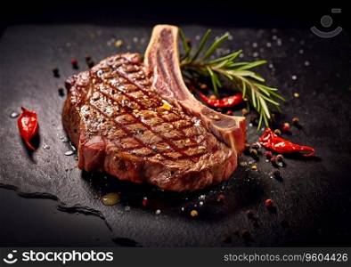 Grilled tomahawk beef steak with rosemary and pepper on black.AI Generative