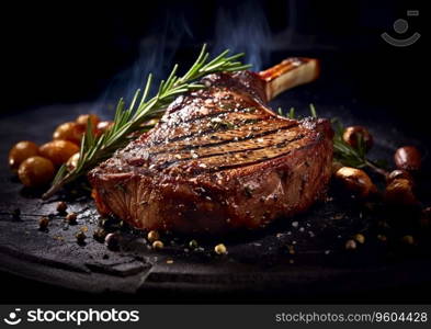 Grilled tomahawk beef steak with rosemary and pepper on black.AI Generative