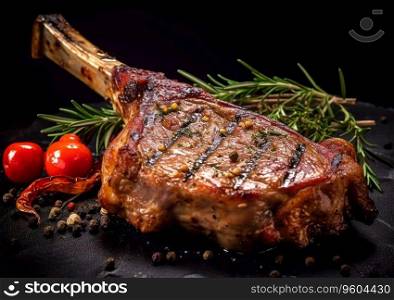 Grilled tomahawk beef steak with rosemary and tomatoes on black.AI Generative