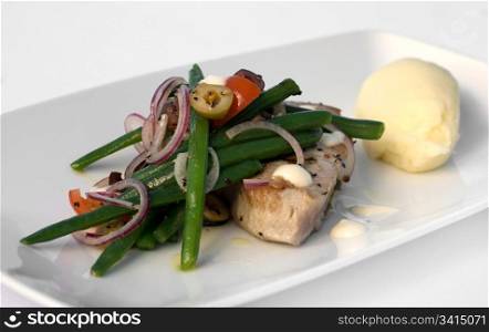 Grilled Tuna Steak with Nicoise Salad, Aioli & Balsamic Dressing