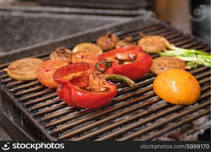 grilled vegetable preparing . Different vegetables on the grill preparing