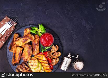grilled vegetables and ribs. grilled vegetables and ribs, vegetable and ribs with sauce aroma spice fresh salad