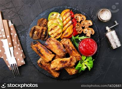 grilled vegetables and ribs, vegetable and ribs with sauce aroma spice fresh salad