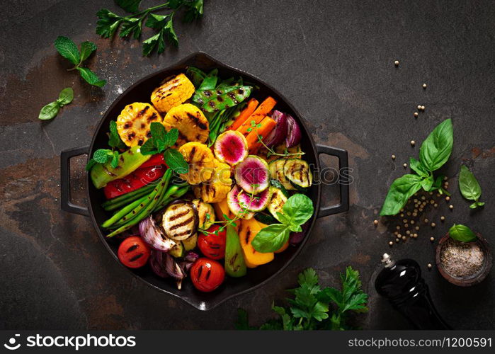 Grilled vegetables in pan, top view