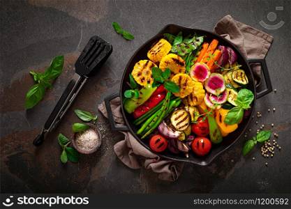 Grilled vegetables in pan, top view