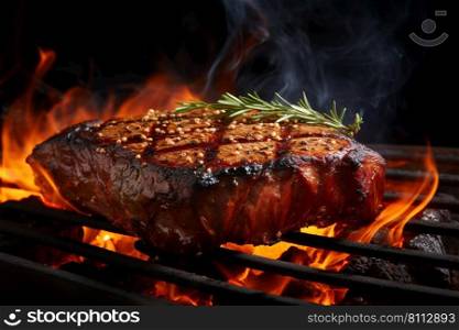 grilling beef steaks  over flaming. Generative ai.