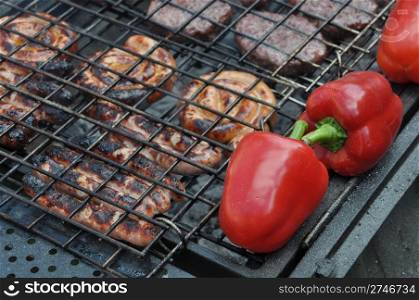 grilling fresh meat and pepers on a outdoor barbecue