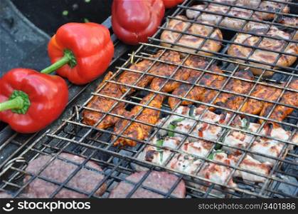 grilling fresh meat and peppers on a outdoor barbecue