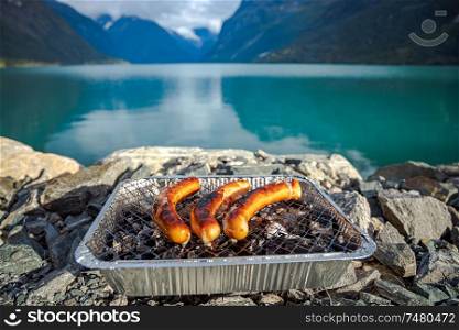 Grilling sausages on disposable barbecue grid. Beautiful Nature Norway natural landscape.
