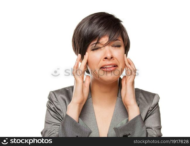 Grimacing Mixed Race Girl Holding Her Head with Her Hands Isolated Against White Background.
